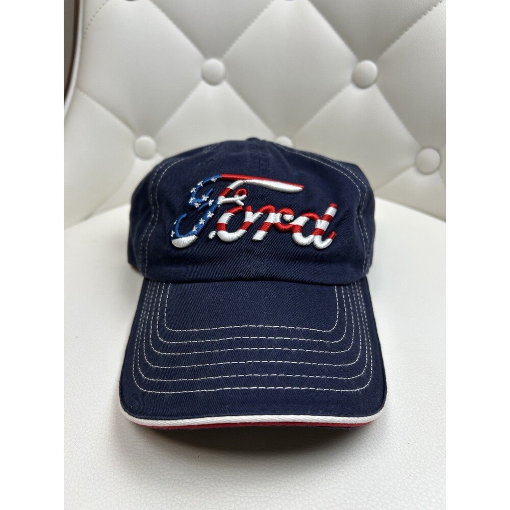 Ford Hat Cap Blue American Flag Script Logo Embroidered Adjustable Strapback